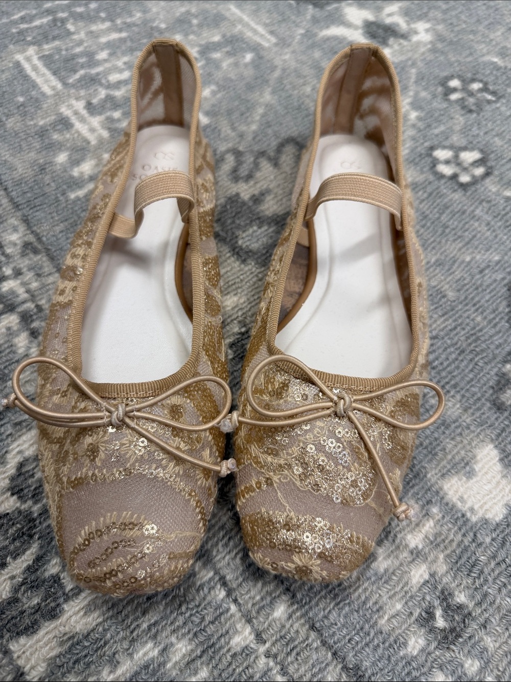 Society Metallic Beige Lace Ballet Flats with Bow - Picture 2 of 8